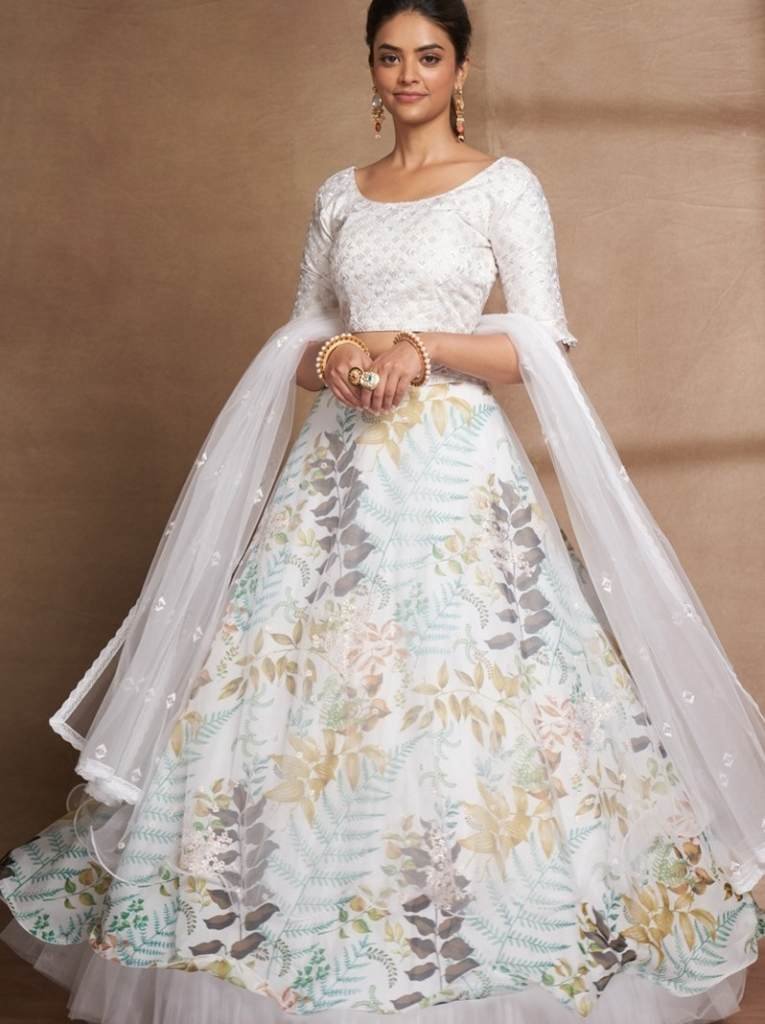 Semi Stitched White Organza Digital Printed and Sequence Work Lehenga Choli
