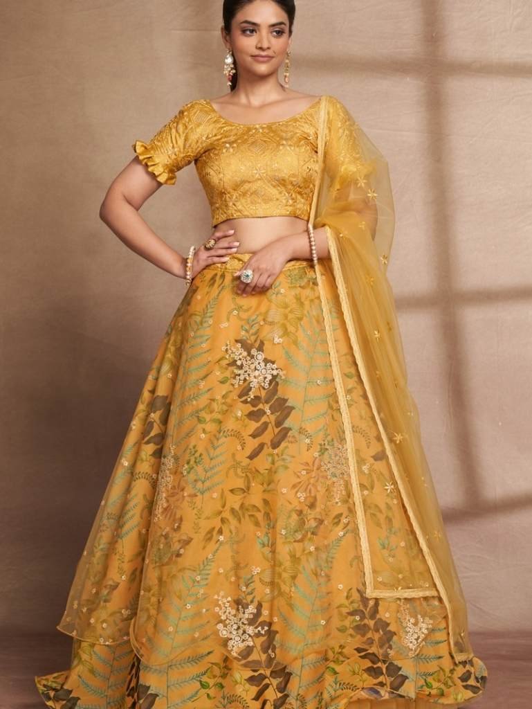 Semi Stitched Yellow Organza Digital Printed and Sequence Work Lehenga Choli