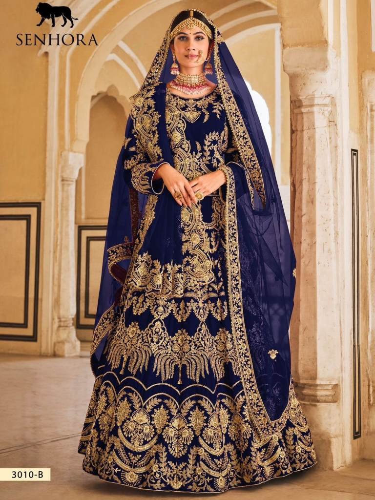 Senhora Vedanshi 3010B Indian Wedding Blue Velvet Bridal Lehenga