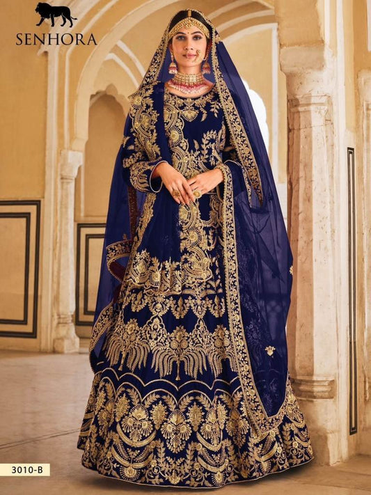Senhora Vedanshi 3010B Indian Wedding Blue Velvet Bridal Lehenga