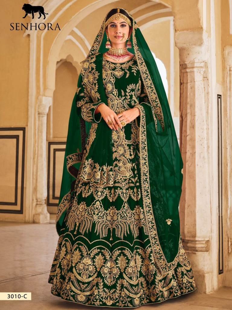 Senhora Vedanshi 3010C Indian Wedding Green  Velvet Bridal Lehenga