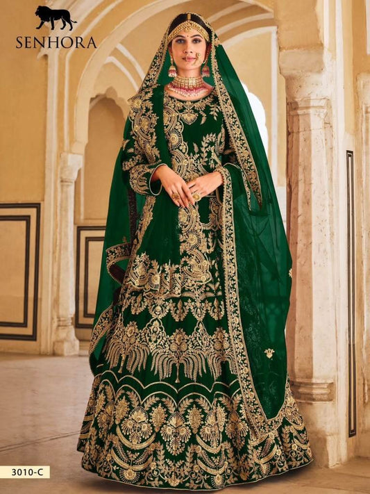 Senhora Vedanshi 3010C Indian Wedding Green  Velvet Bridal Lehenga