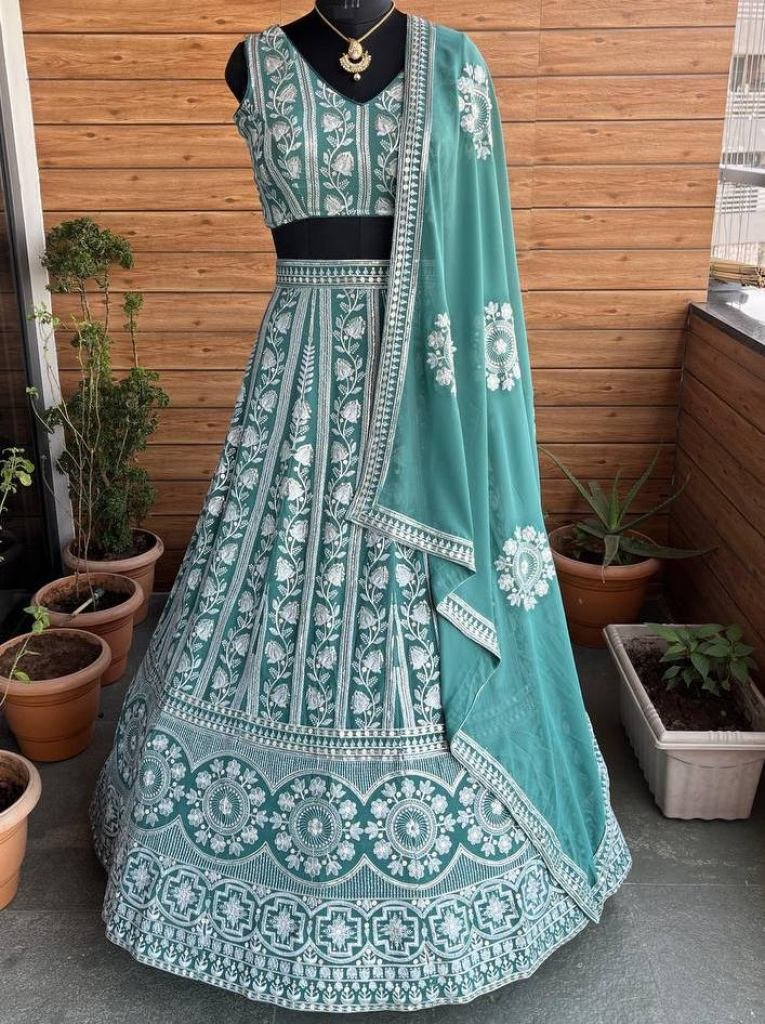 Sequence Embroidery Stitch Work Mint Green Lehenga Choli with Dupatta