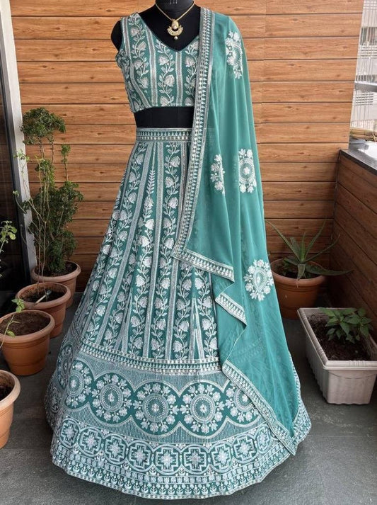 Sequence Embroidery Stitch Work Mint Green Lehenga Choli with Dupatta