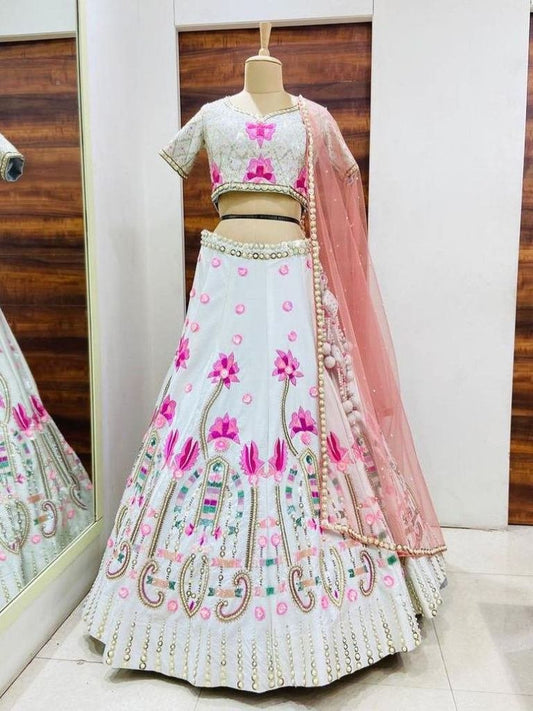 Sequence Pearl Work Malai Silk Lehenga Choli With 3.5 Meter Flair
