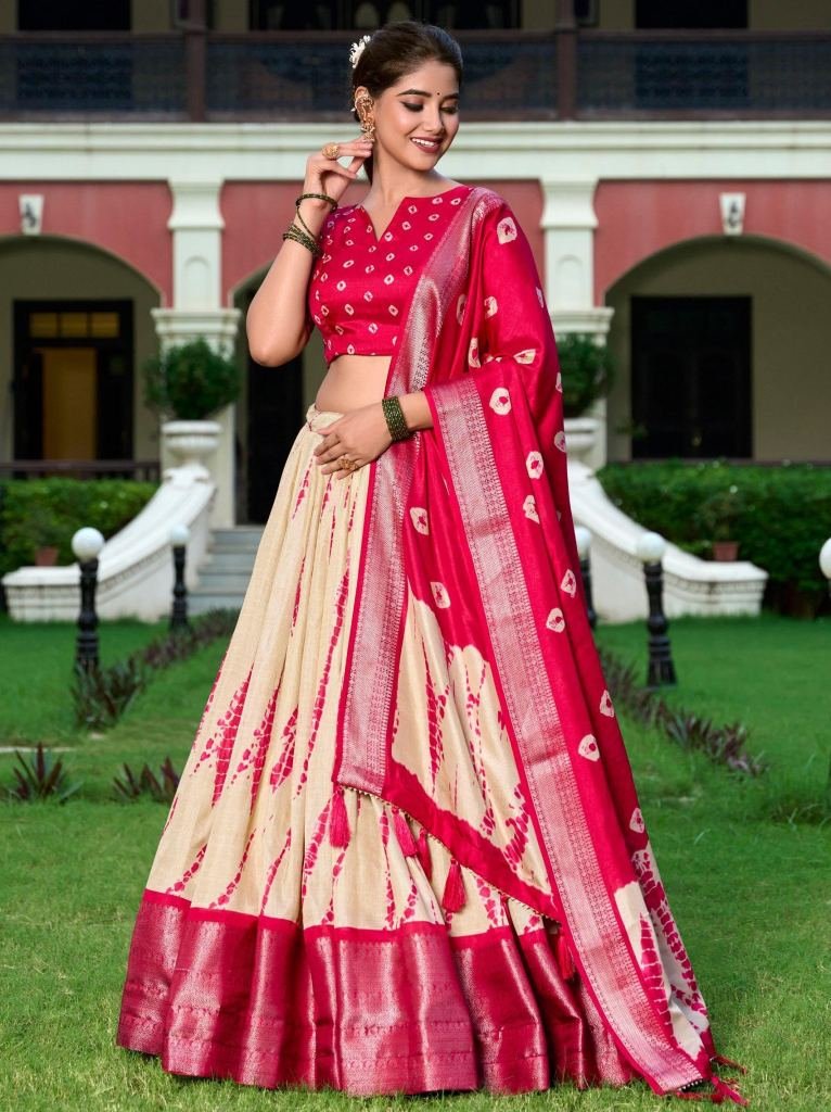 Shibori Printed Dola Silk Gulabi Lehenga Choli
