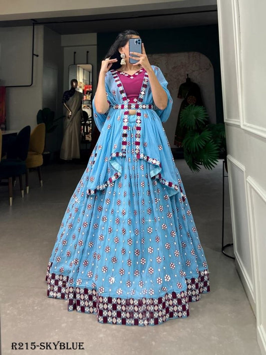 Sky Blue Classic Party Wear Georgette Lehenga Choli With Mirror Work Belt