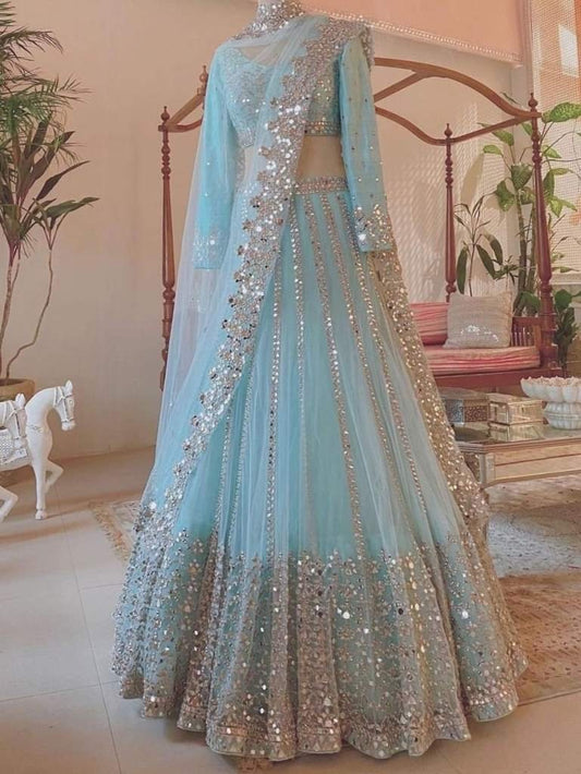 Sky Blue Colored Butterfly Net Mirror Work Lehenga Choli