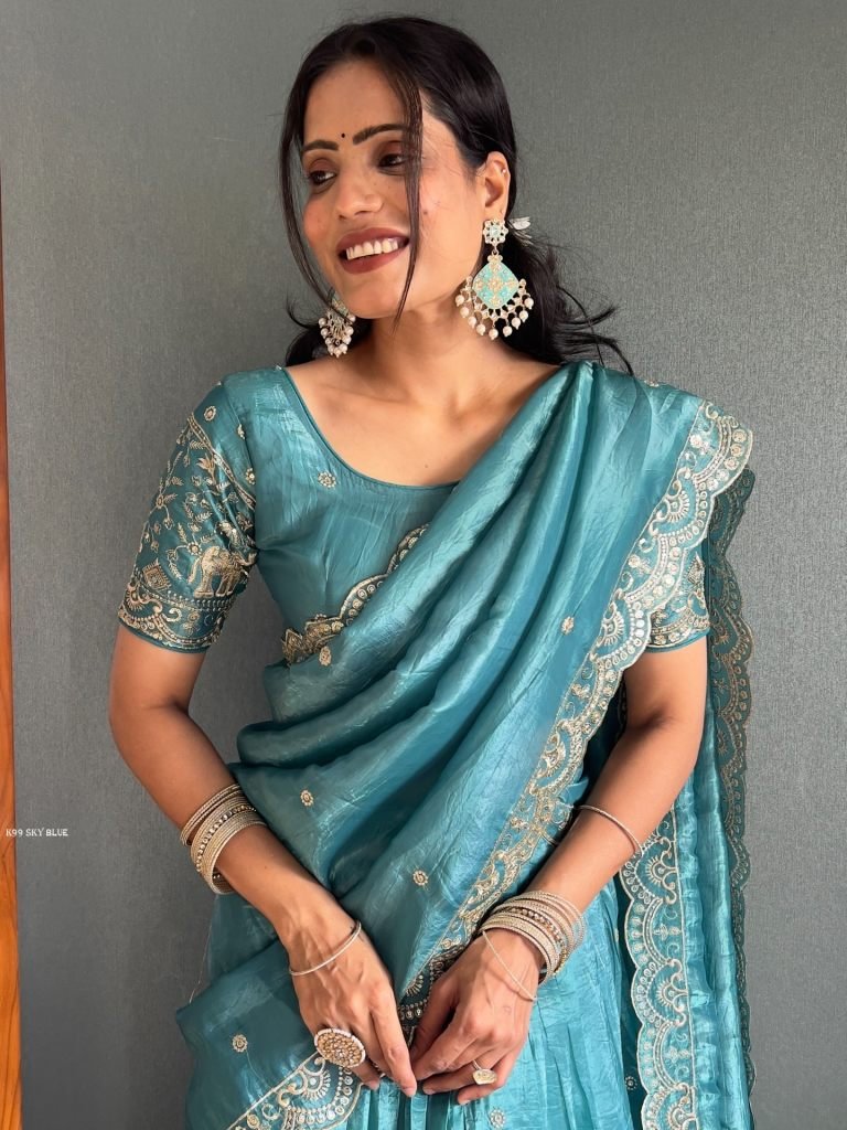 Sky Blue Festive Lehenga With Gold Crush Finish     Fully Stitched Outfit