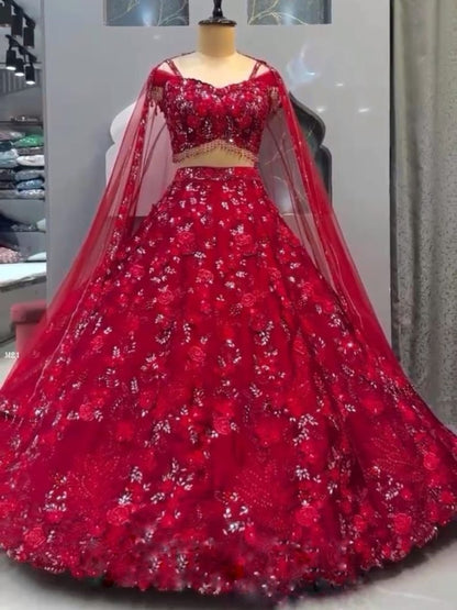 Soft Butterfly Net  With  Sequence  Work  Red  Designers  Lehenga