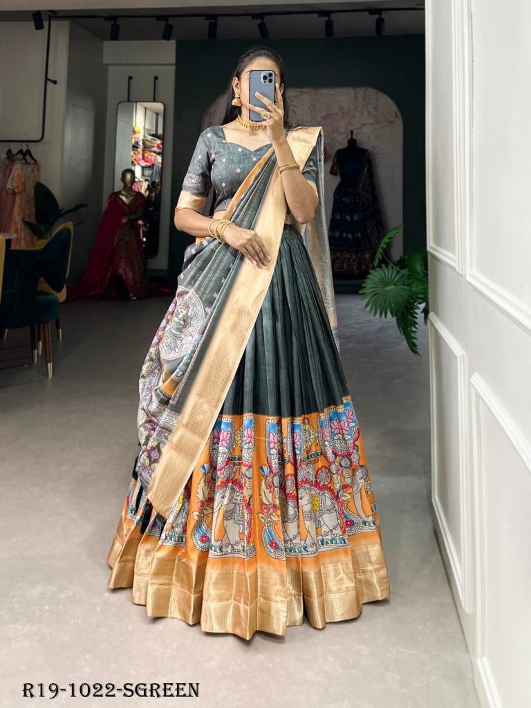 Solid Green Kalamkari Printed Dola Silk Lehenga Choli