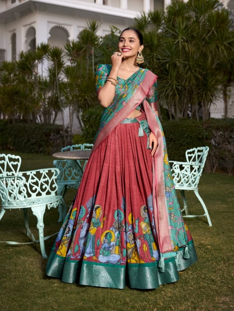South Indian Dola Silk Lehenga Choli with Kalamkari Print