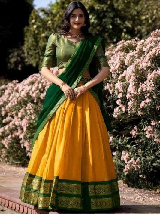 South Indian Haldi Wear Yellow  Half lehenga With Green Dupatta