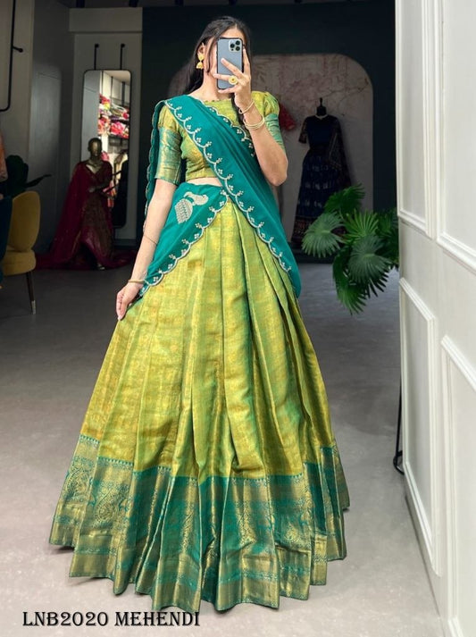 South Indian Kanjivaram Silk Mehendi Colour Lehenga
