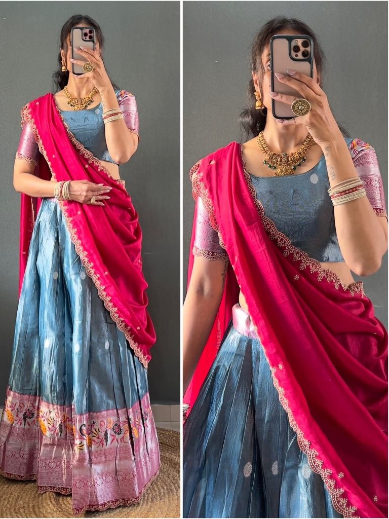 South Indian Style Gray Colour Lehenga Choli Dupatta Set