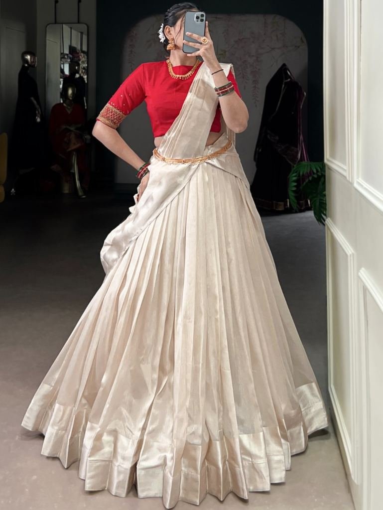 South Indian Style Red Blouse With White Half Lehenga Saree