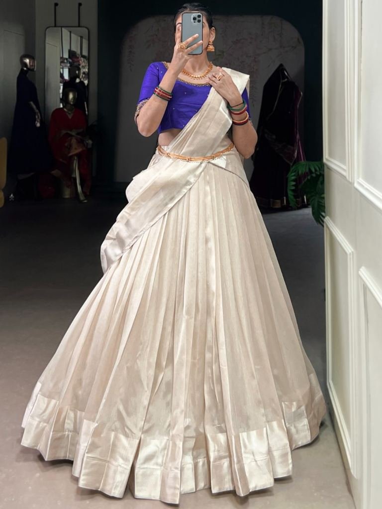 South Indian Style White Lehenga With Purple Blouse