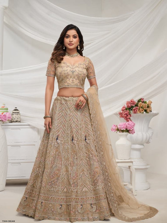 Special  Collection Cream Soft Net Embroidery Lehenga Choli