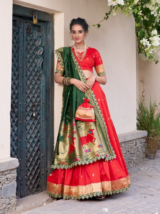 Srividya Jacquard Silk Paithani Red Lehenga Choli