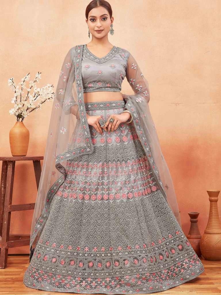 Stone and Embroidered work Grey Net Lehenga choli