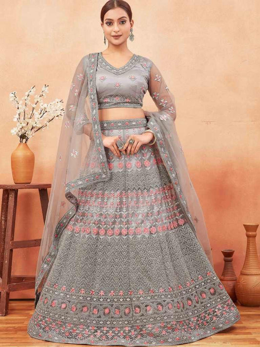 Stone and Embroidered work Grey Net Lehenga choli