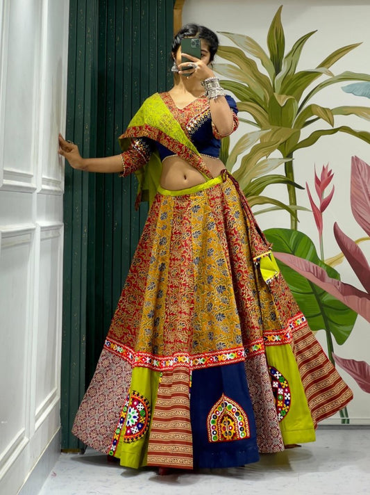 Stunning Ajrakh Blue 8 Meter Flair Lehenga For Navratri