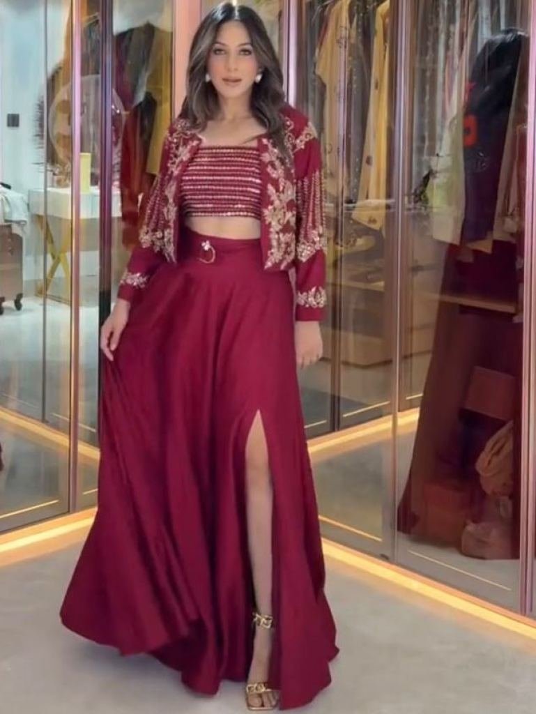 Stunning Cherry Red Chinon Silk Fancy Lehenga Choli With Koti