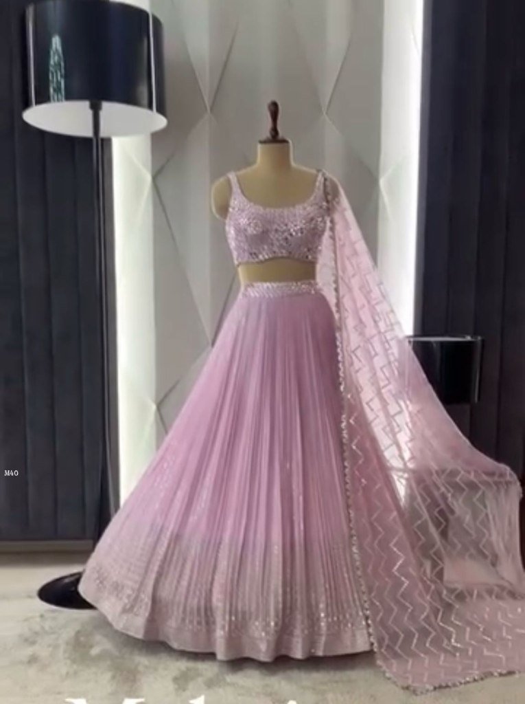 Stunning Fuax Georgette With Real Mirror Work Pink Lehenga