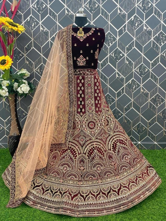 Stunning Maroon Velvet Bridal Lehenga Choli With Dupatta