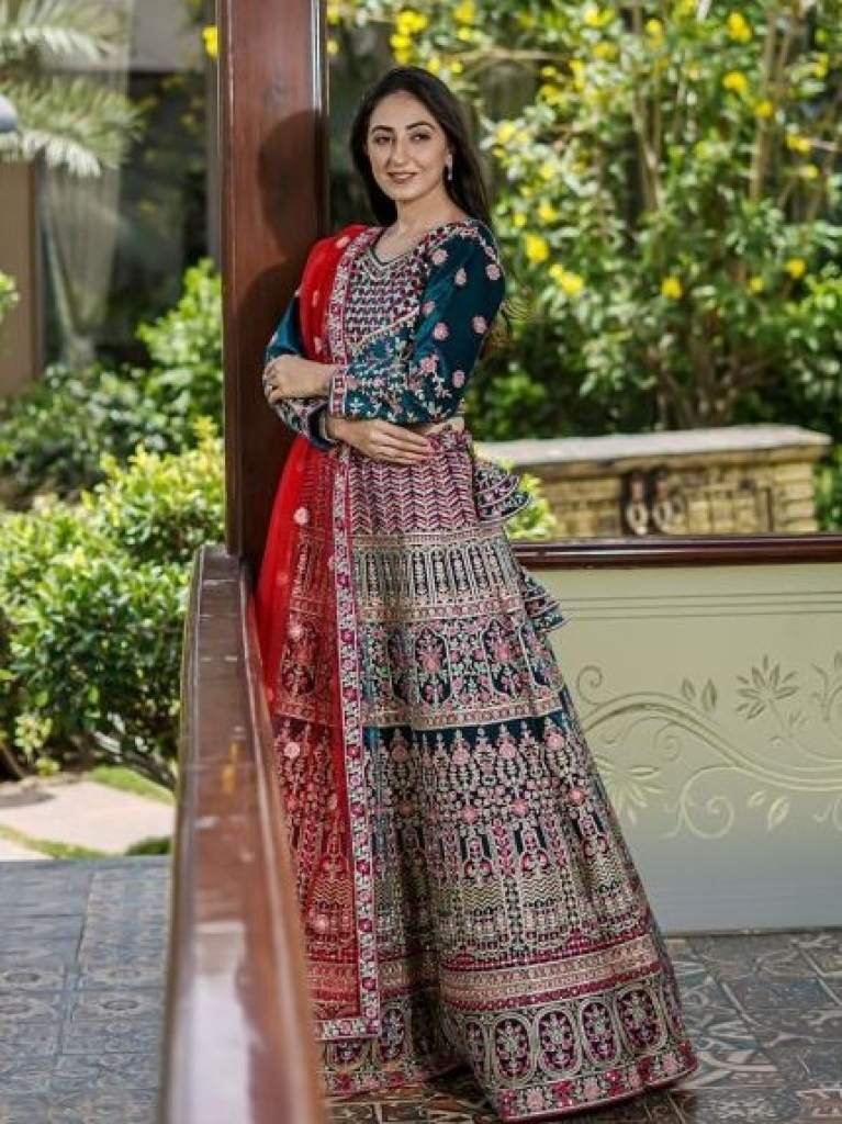 Stunning Peacock Green Thread Embroidered Velvet Bridal Lehenga