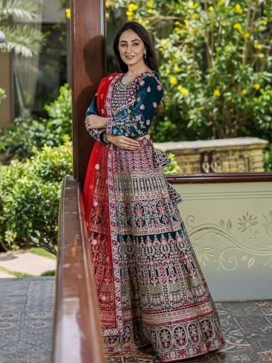 Stunning Peacock Green Thread Embroidered Velvet Bridal Lehenga