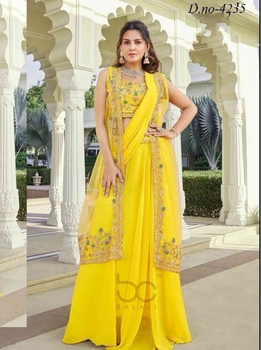 Stunning Yellow Indo Western Style Georgette Readymade Lehenga Choli 4235