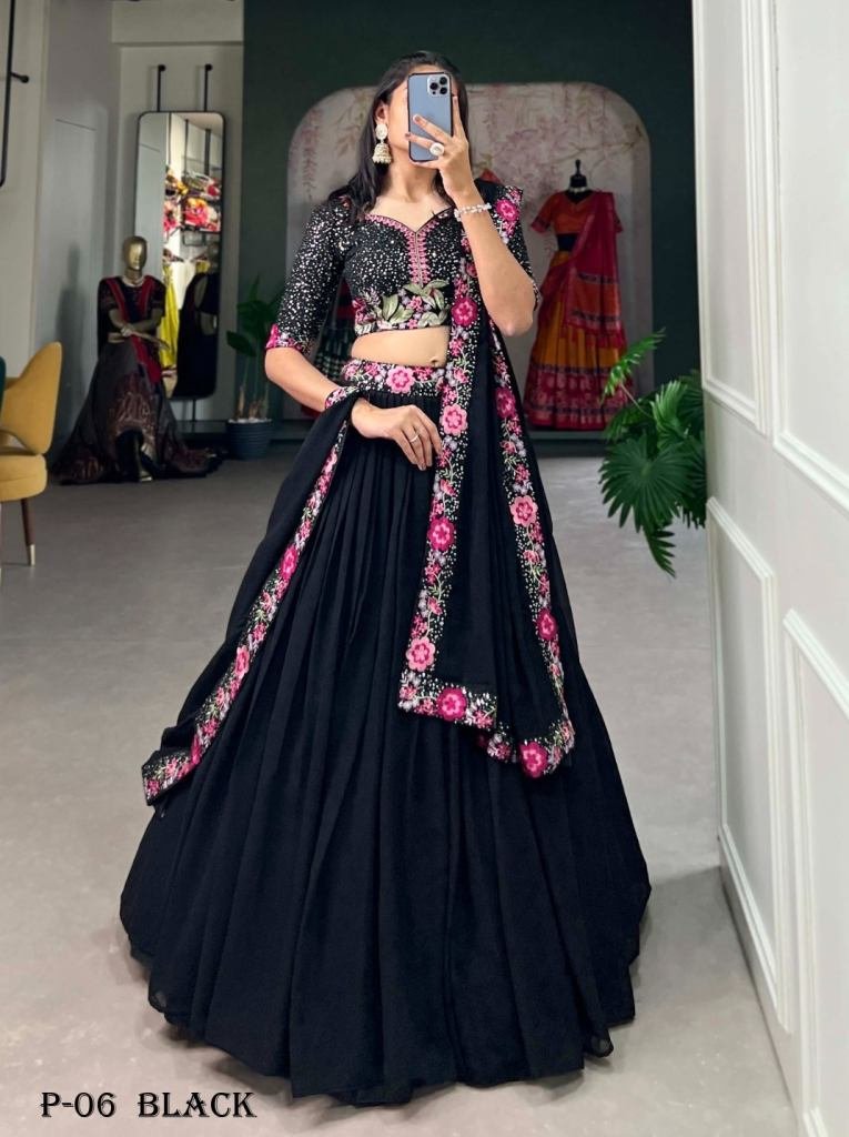 Stylish Georgette Sequence and Embroidered Work Black Lehenga Choli