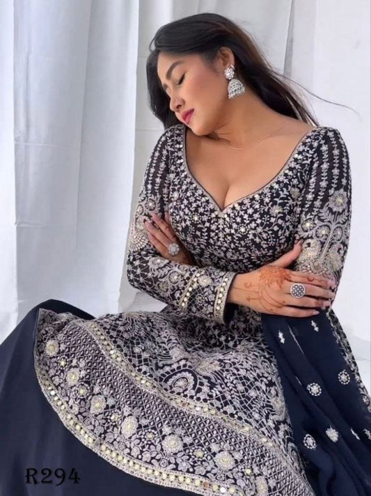 Stylish Navy Blue Sequence And Embroidery Top With Lehenga