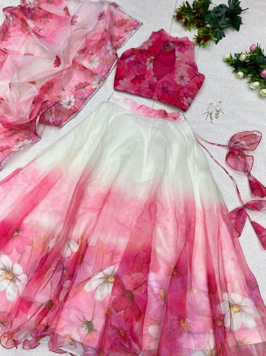 Stylish Pink Pure Organza Silk Lehenga With Blouse   Dupatta