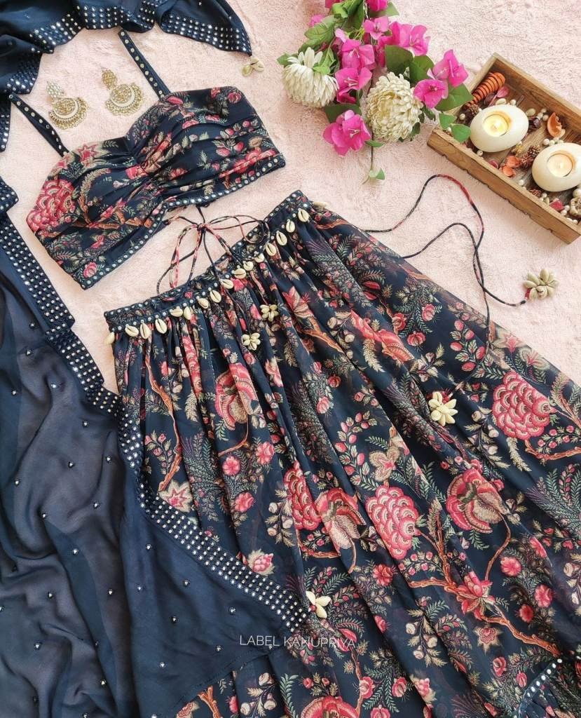 Super Hit Digital Print Georgette Sleeveless Blouse with Stitched Lehenga Choli