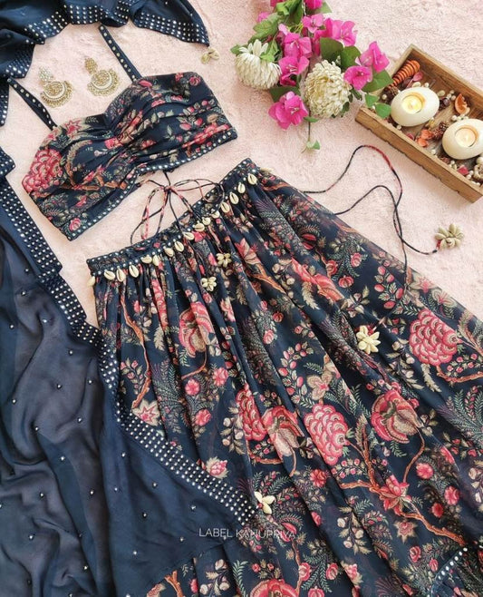 Super Hit Digital Print Georgette Sleeveless Blouse with Stitched Lehenga Choli