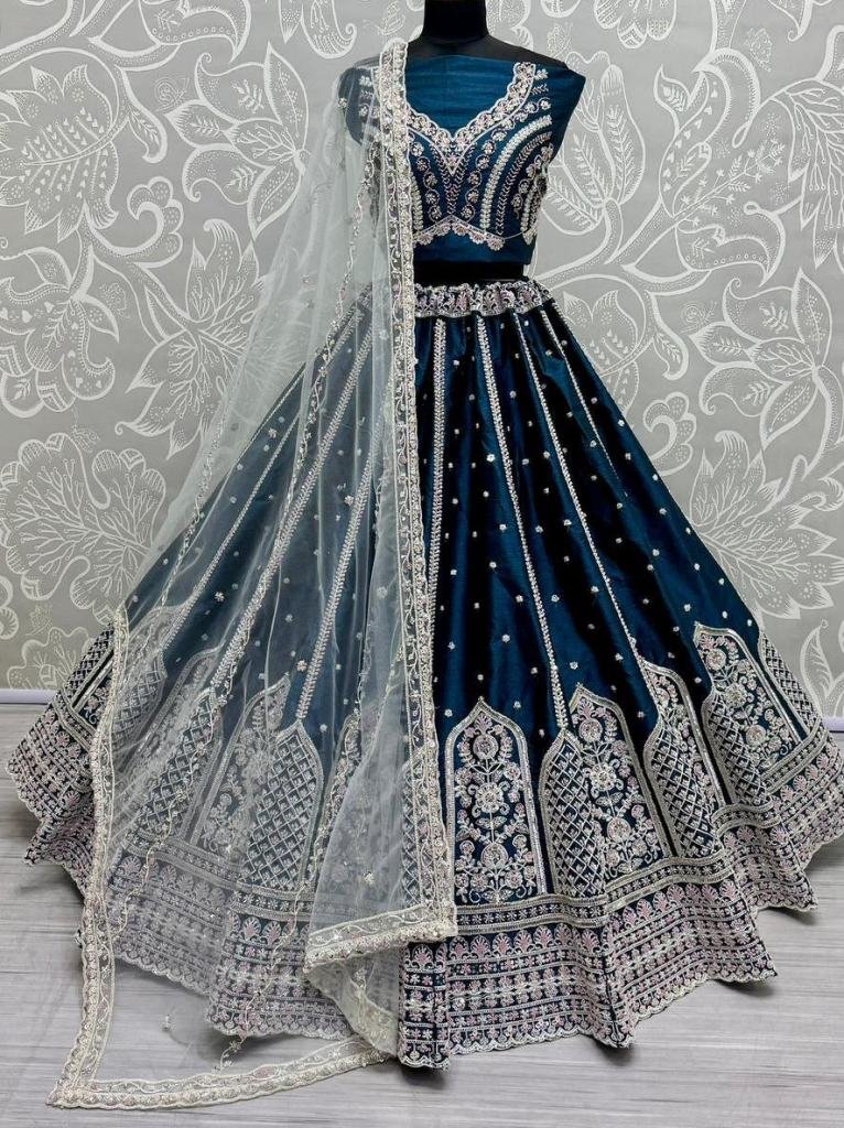 Teal Blue Colour Silk Fabric Moti Handwork Wedding Lehenga
