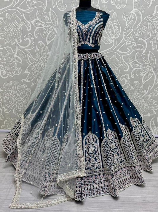 Teal Blue Colour Silk Fabric Moti Handwork Wedding Lehenga