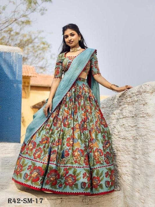 Teal Blue Festival Wear Chinon Kalamkari Printed Lehenga Choli