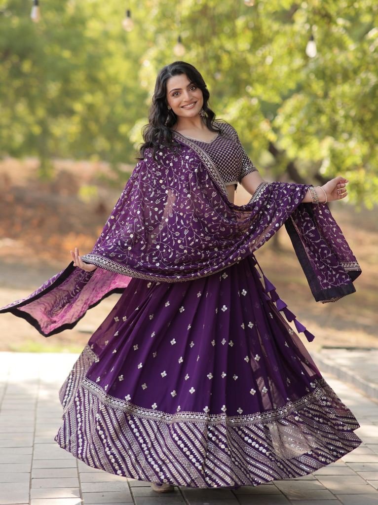 TimeLess Beauty Purple Sequins   Thread Embroidered Work Lehenga Choli Dupatta Set