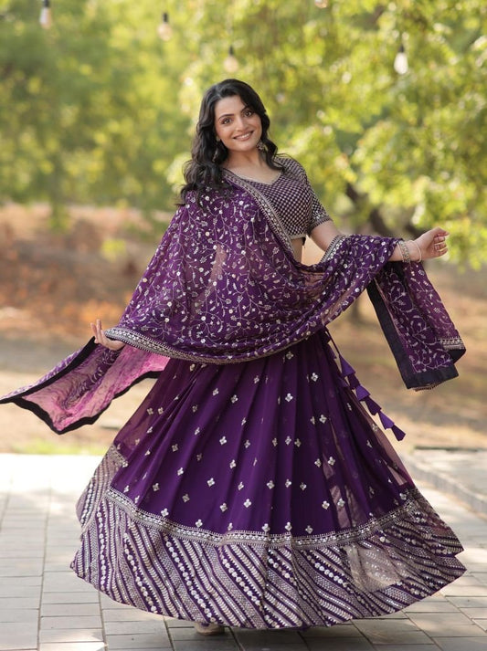 TimeLess Beauty Purple Sequins   Thread Embroidered Work Lehenga Choli Dupatta Set