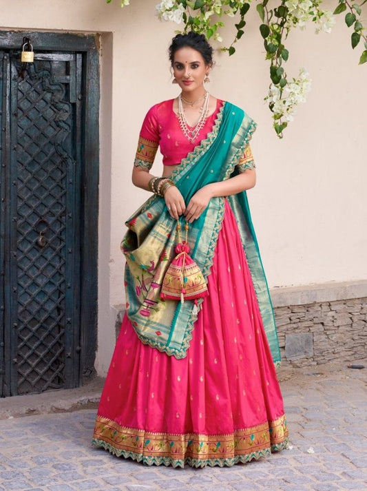 Traditional Pink Paithani Lehenga Choli In Jacquard Silk