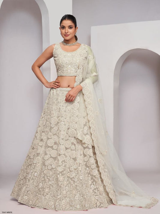 Traditional Wear White Soft Net Embroidery Lehenga Choli
