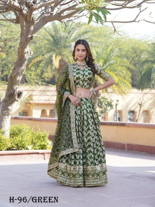 Trending Jacquard Viscose Green Color Lehenga Choli