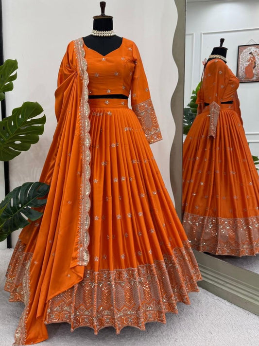 Unique Orange Color Sequence Thread Work Satin Silk Lehenga Choli