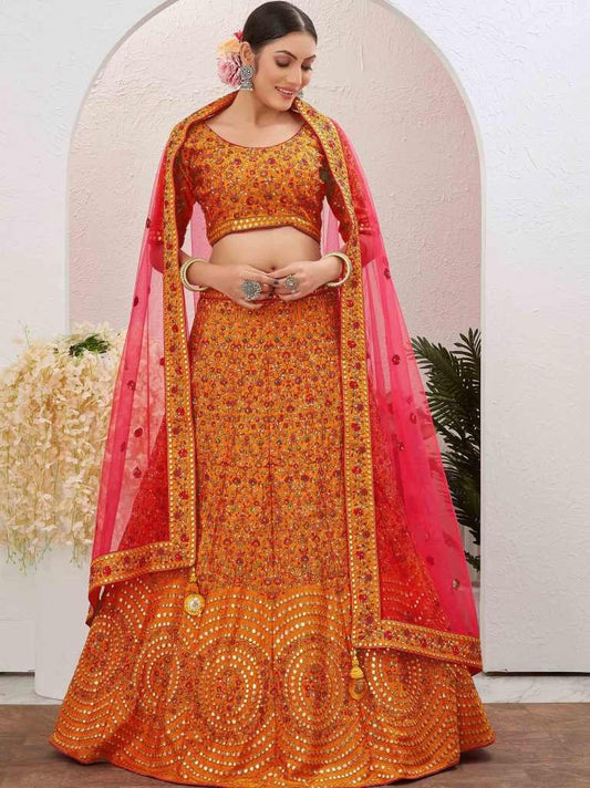 Unique Yellow Semi Stitched Jute Silk Lehenga choli