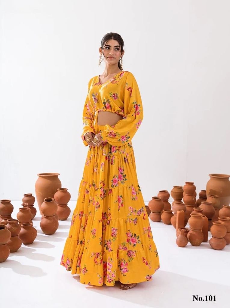 Vallari Vol 1 Yellow Digital Printed Crop Top Lehenga Choli