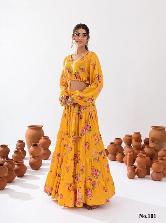Vallari Vol 1 Yellow Digital Printed Crop Top Lehenga Choli