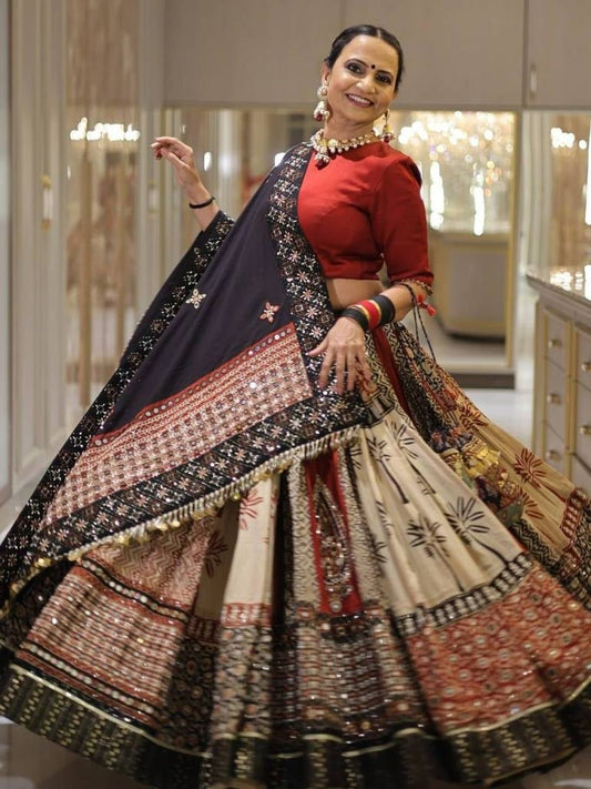 Vintage Vibe Muslin Cotton Black   Maroon Navratri Lehenga